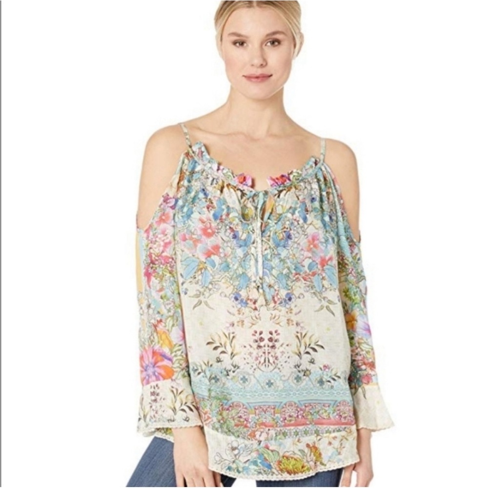 Johnny Was Daria 100% Silk Boho Cold Shoulder Boho Bell Sleeve Blouse Top S - Picture 2 of 13
